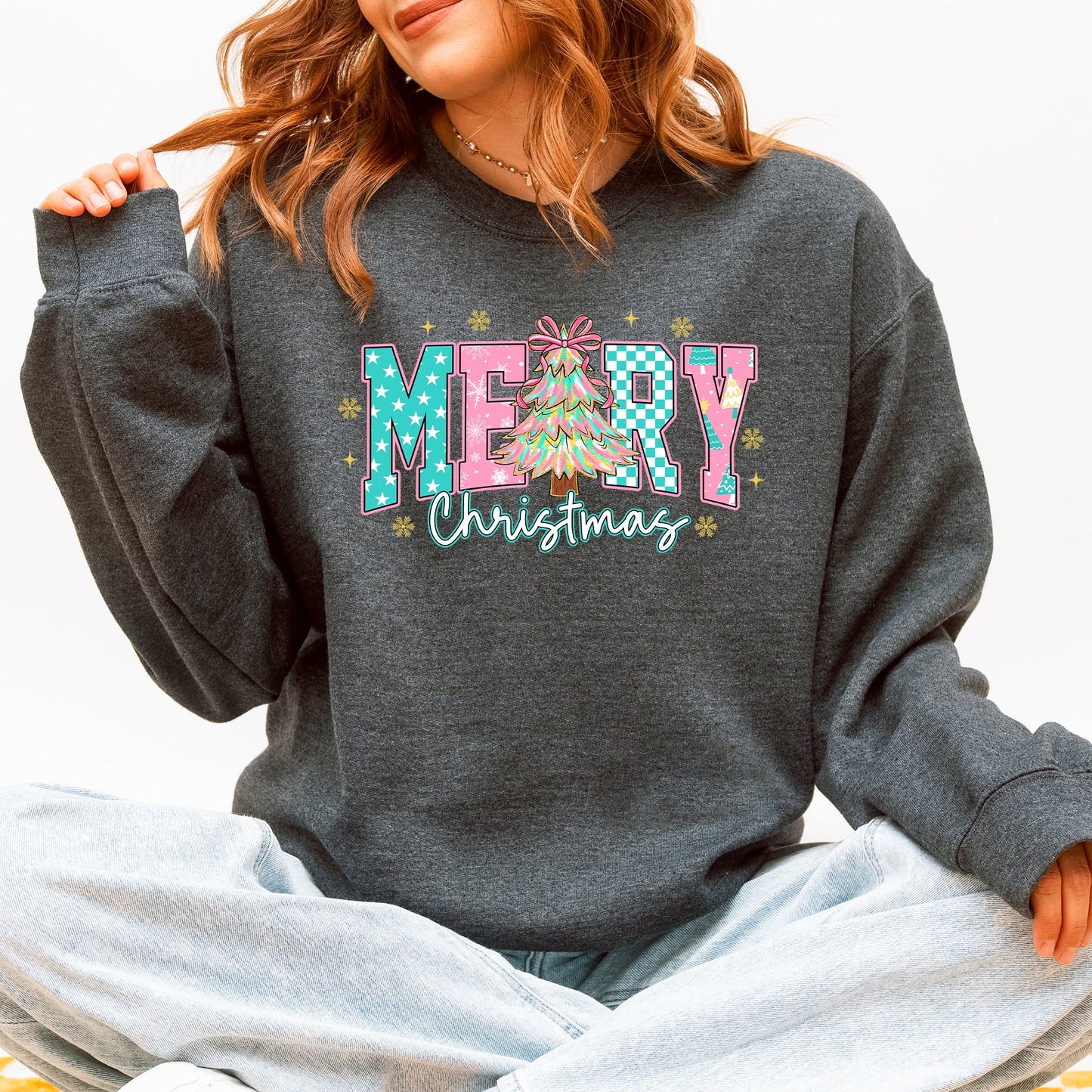 Merry Christmas, Varsity, Christmas Tree, Pink Pattern, Santa Sweatshirt
