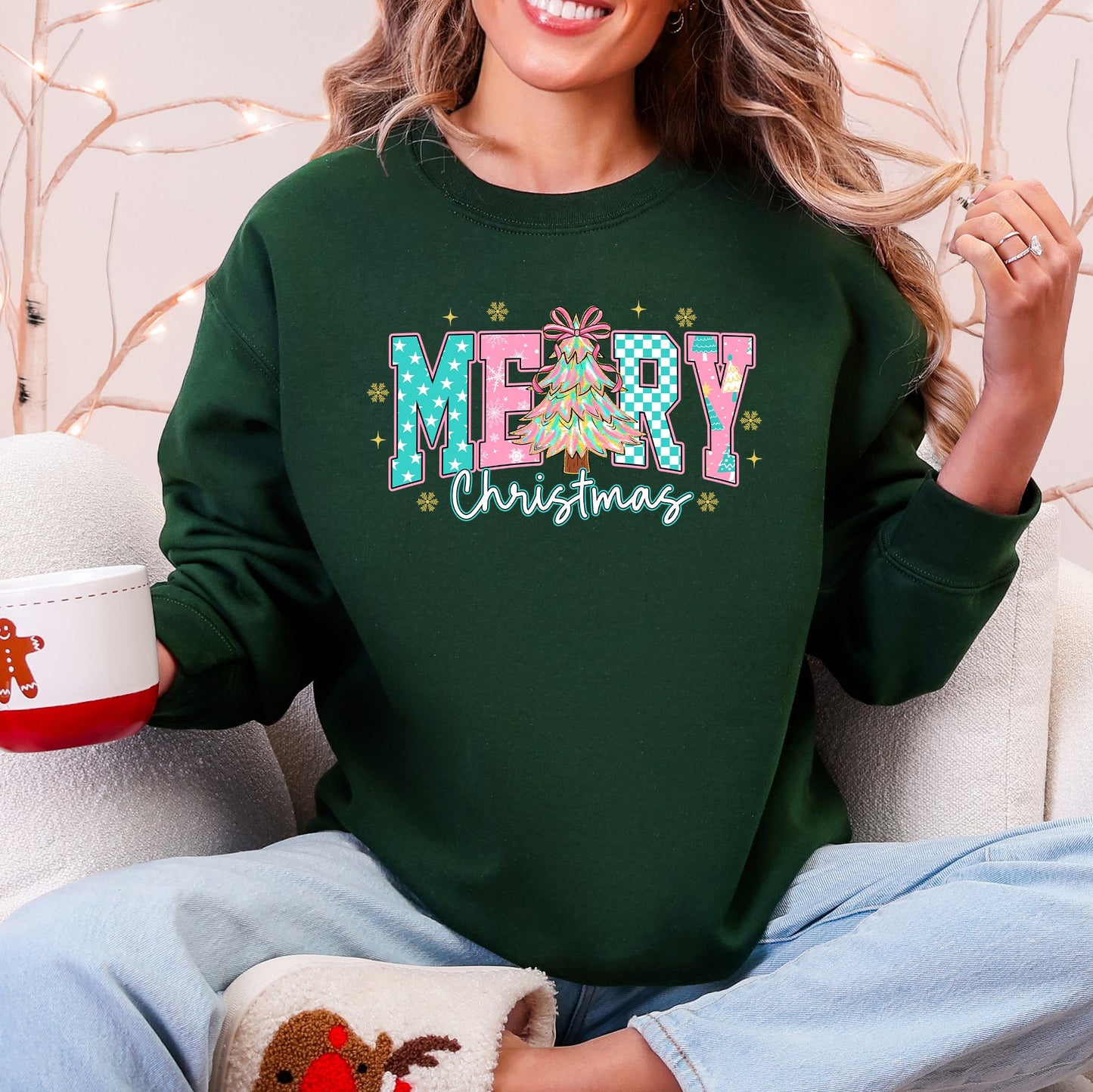 Merry Christmas, Varsity, Christmas Tree, Pink Pattern, Santa Sweatshirt
