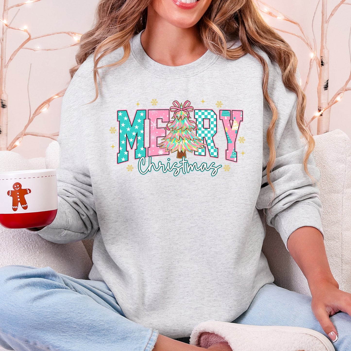 Merry Christmas, Varsity, Christmas Tree, Pink Pattern, Santa Sweatshirt