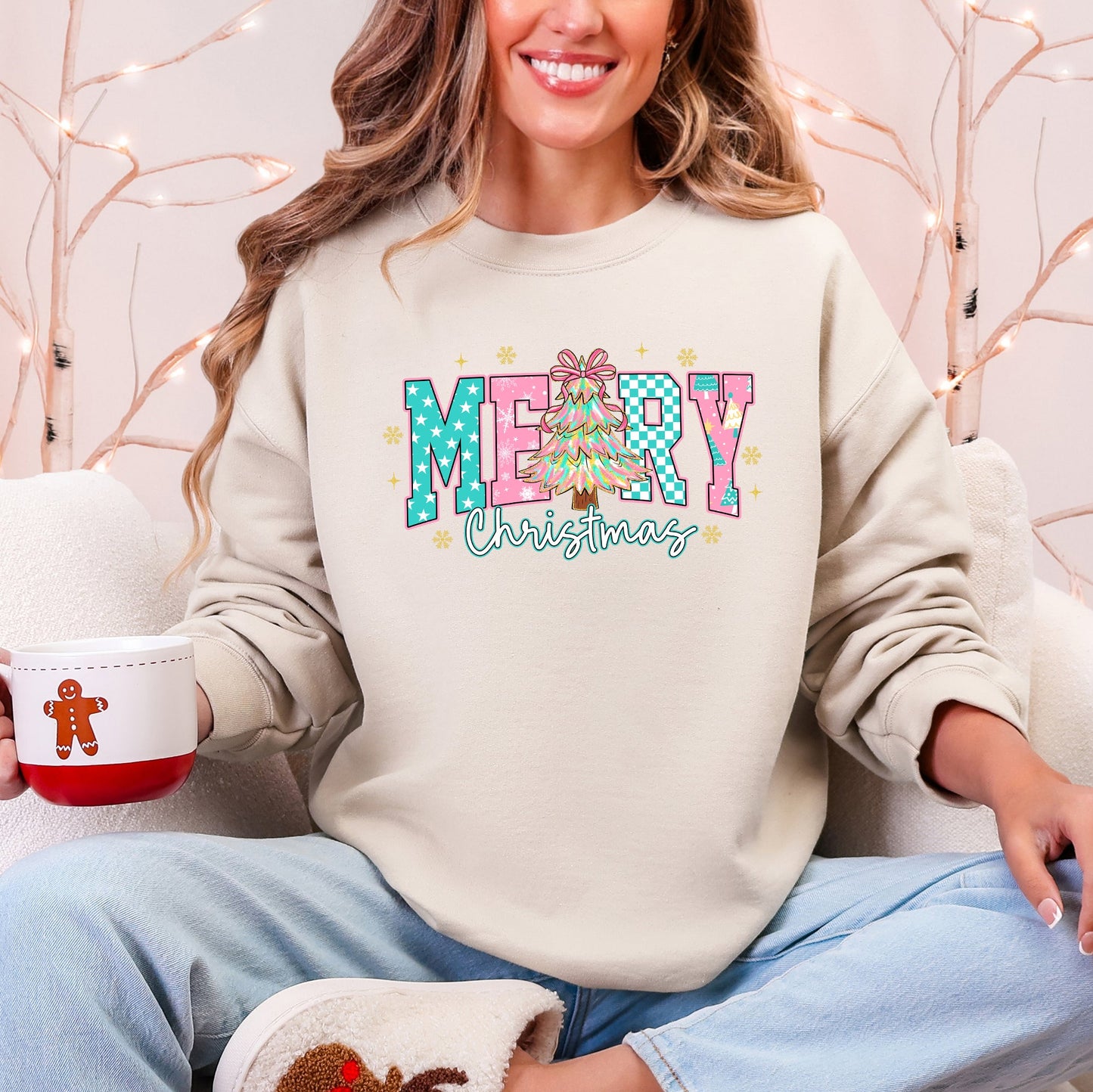 Merry Christmas, Varsity, Christmas Tree, Pink Pattern, Santa Sweatshirt