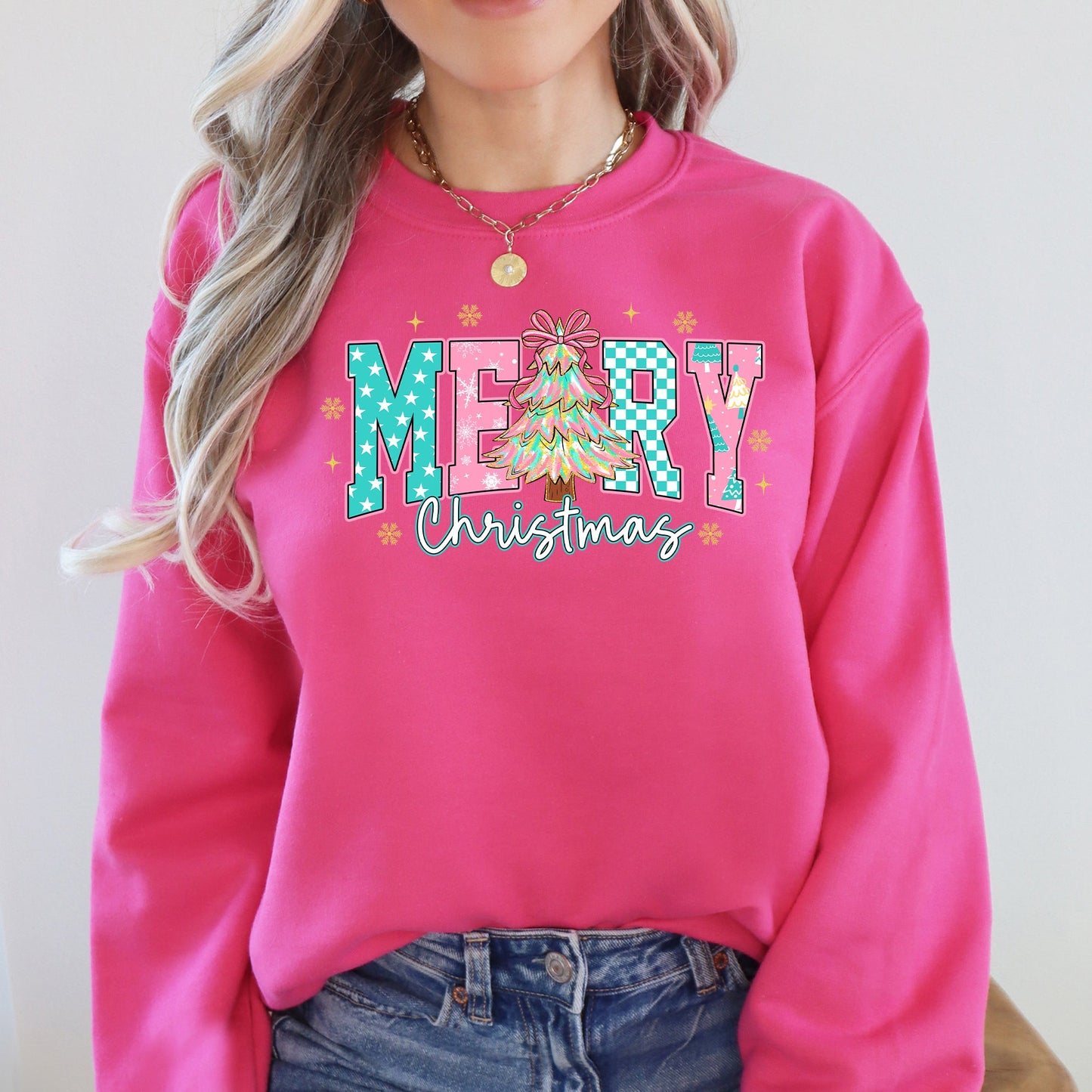 Merry Christmas, Varsity, Christmas Tree, Pink Pattern, Santa Sweatshirt