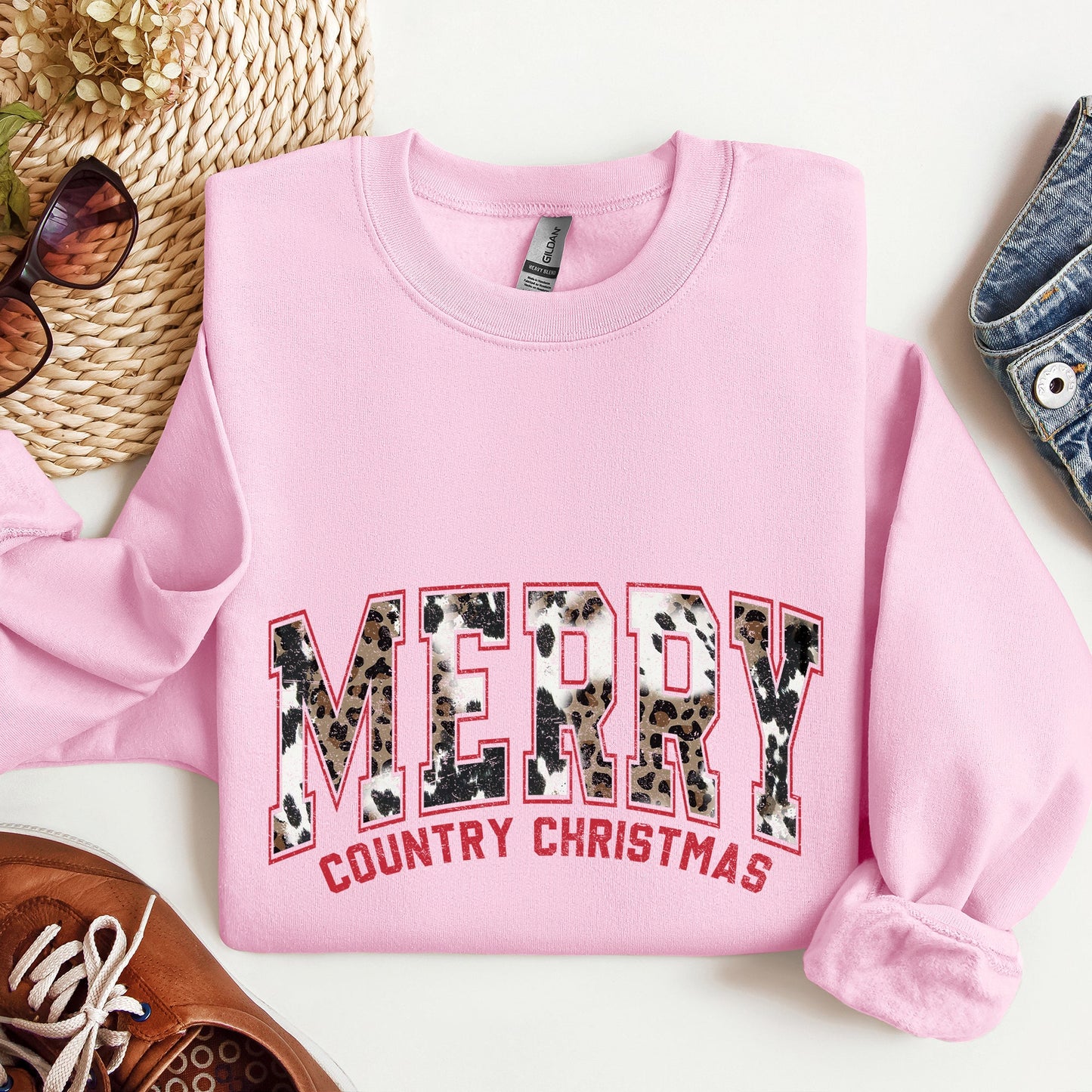 Merry Country Christmas, Collegiate Style, Retro, Fur, Leopard Print Sweatshirt