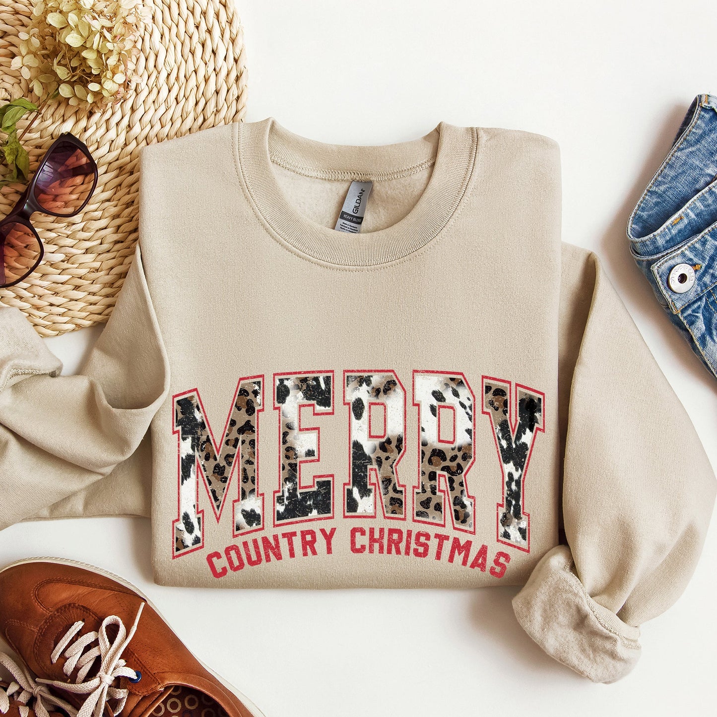 Merry Country Christmas, Collegiate Style, Retro, Fur, Leopard Print Sweatshirt