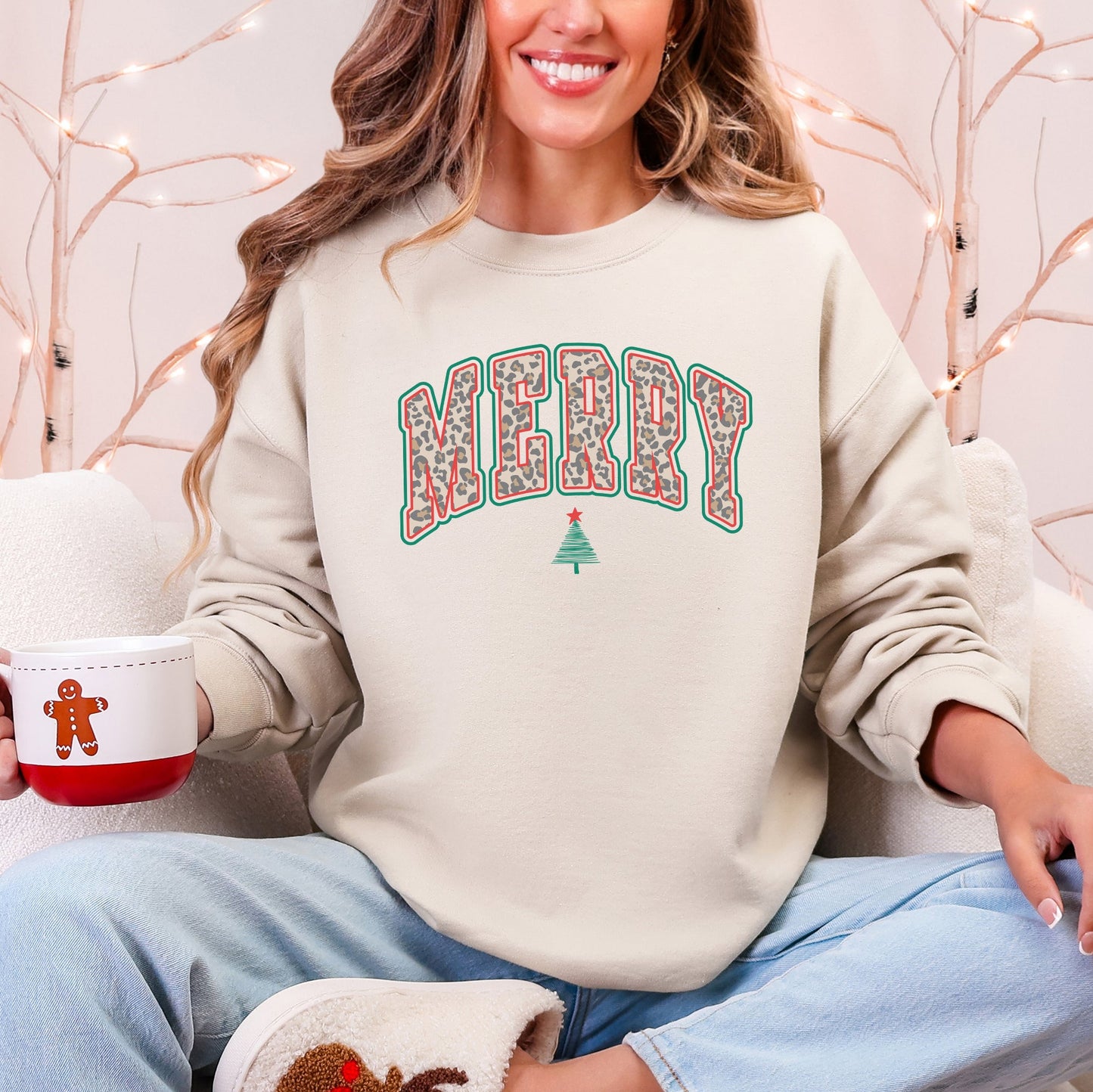 Merry Leopard Print Varsity, Christmas Tree, Santa Sweatshirt
