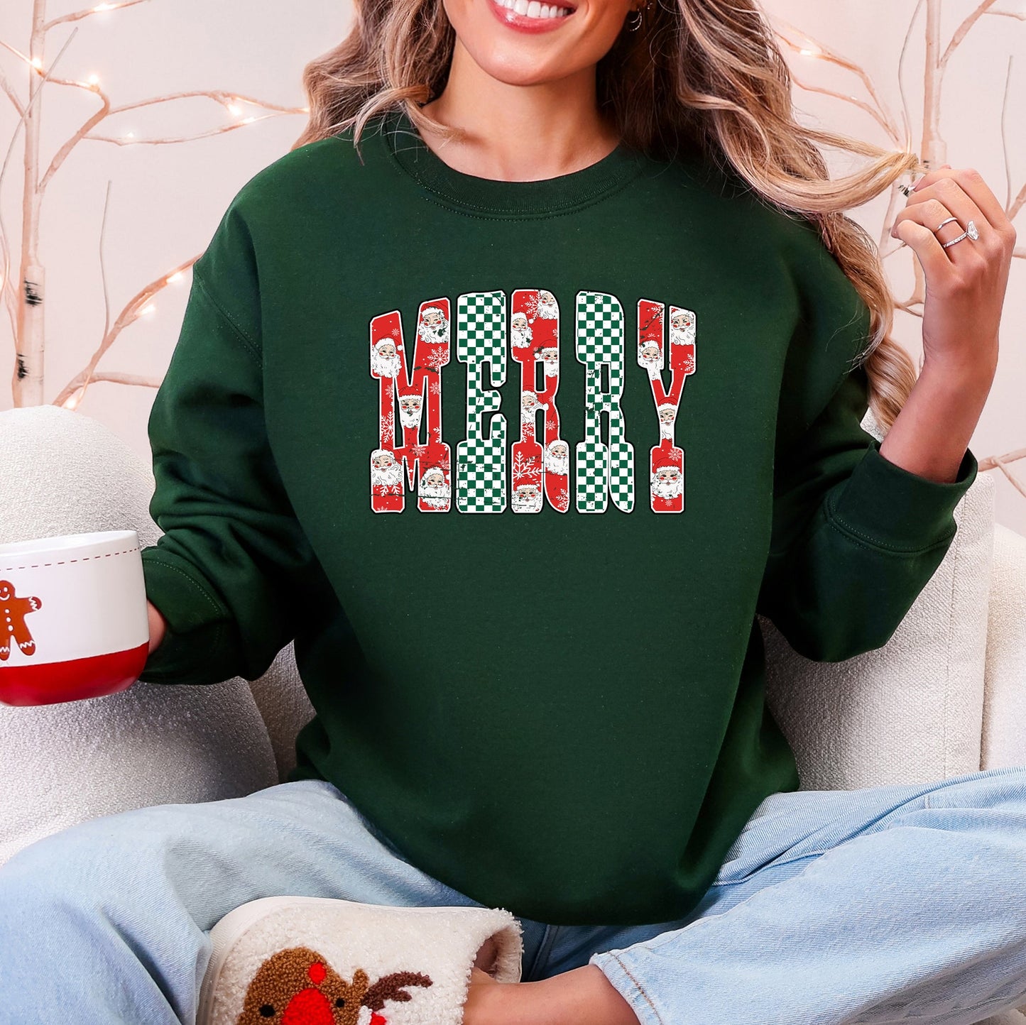 Merry, Varsity Santa, Checkered, Christmas Sweatshirt