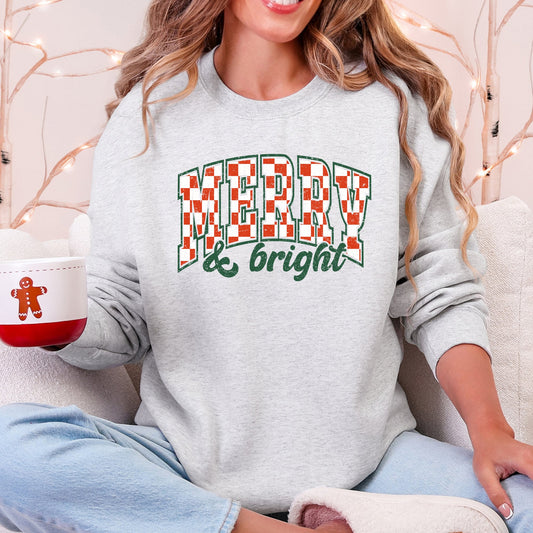 Merry and Bright, Christmas, Checkered, Retro Sweatshirt