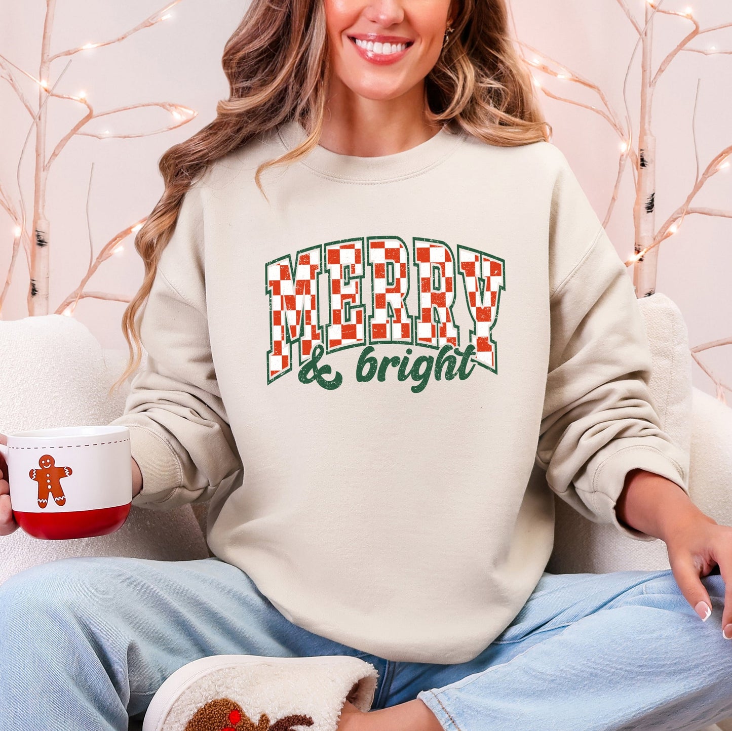 Merry and Bright, Christmas, Checkered, Retro Sweatshirt