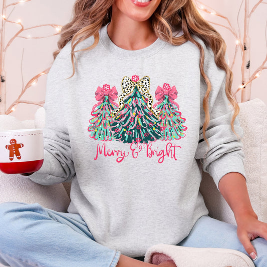 Merry and Bright, Colorful Pastel Christmas Trees, Bows, Ribbons, Santa Sweatshirt