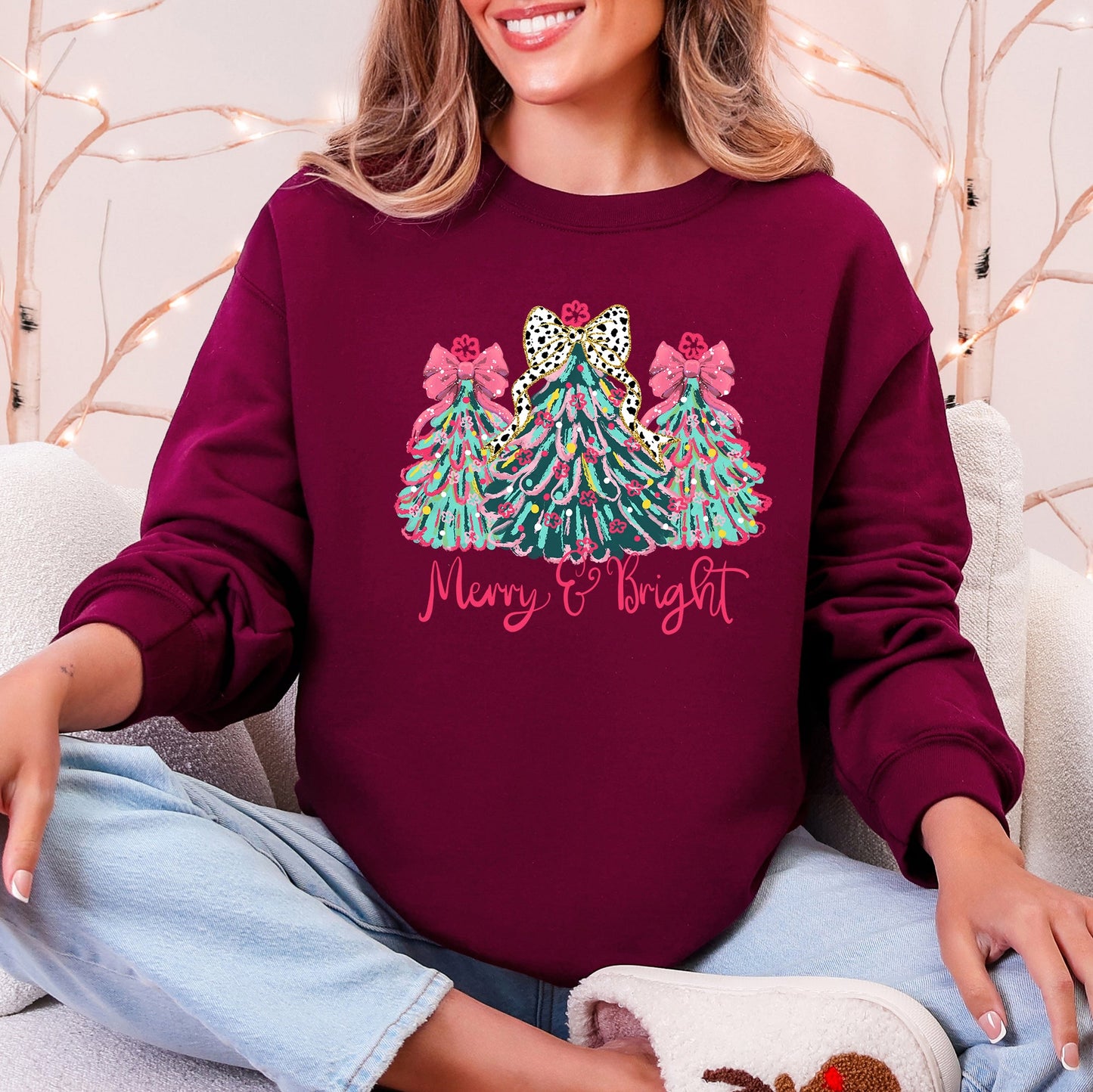 Merry and Bright, Colorful Pastel Christmas Trees, Bows, Ribbons, Santa Sweatshirt