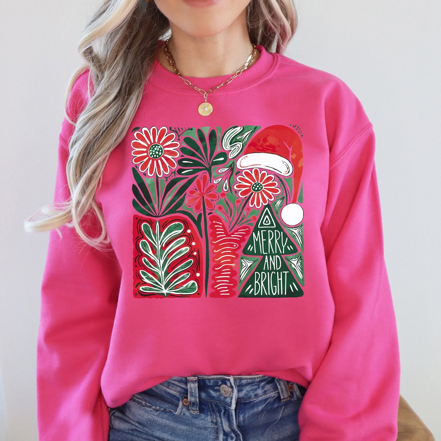 Merry and Bright, Retro Pattern, Christmas, Santa Hat, Christmas Tree Sweatshirt