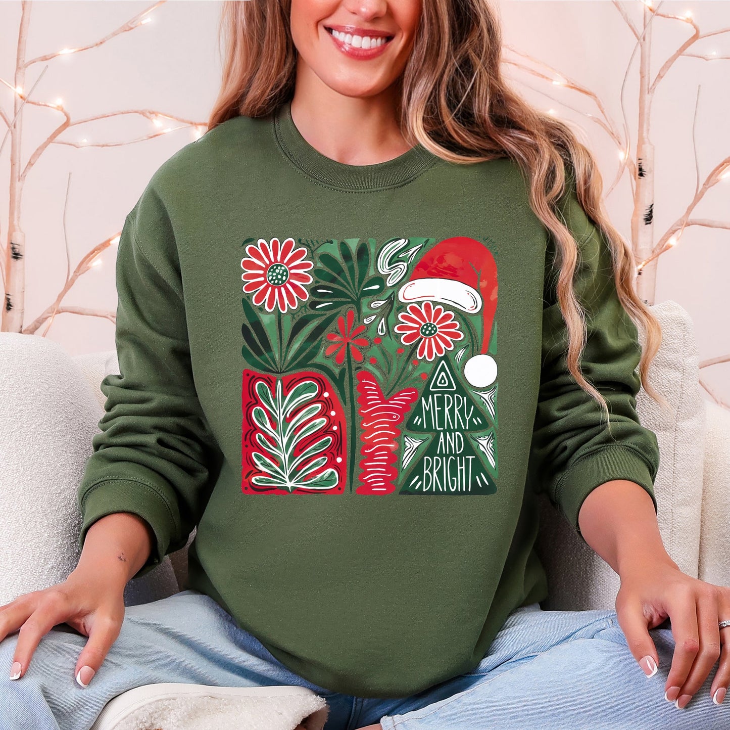 Merry and Bright, Retro Pattern, Christmas, Santa Hat, Christmas Tree Sweatshirt