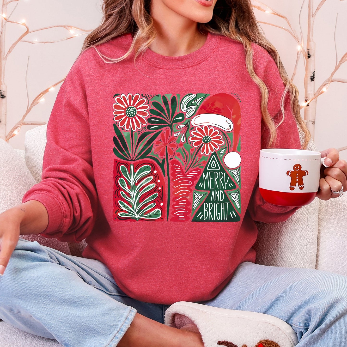 Merry and Bright, Retro Pattern, Christmas, Santa Hat, Christmas Tree Sweatshirt