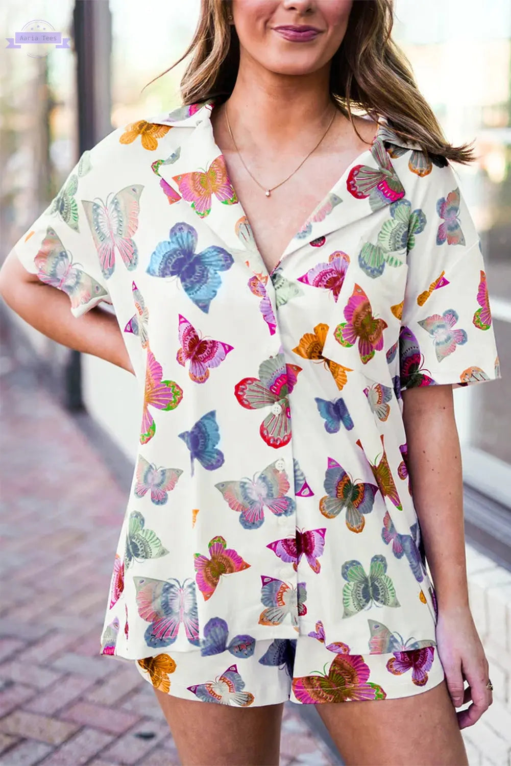 Multicolour Butterfly Pattern Short Sleeve Shirt Pajamas Set Aaria Tees