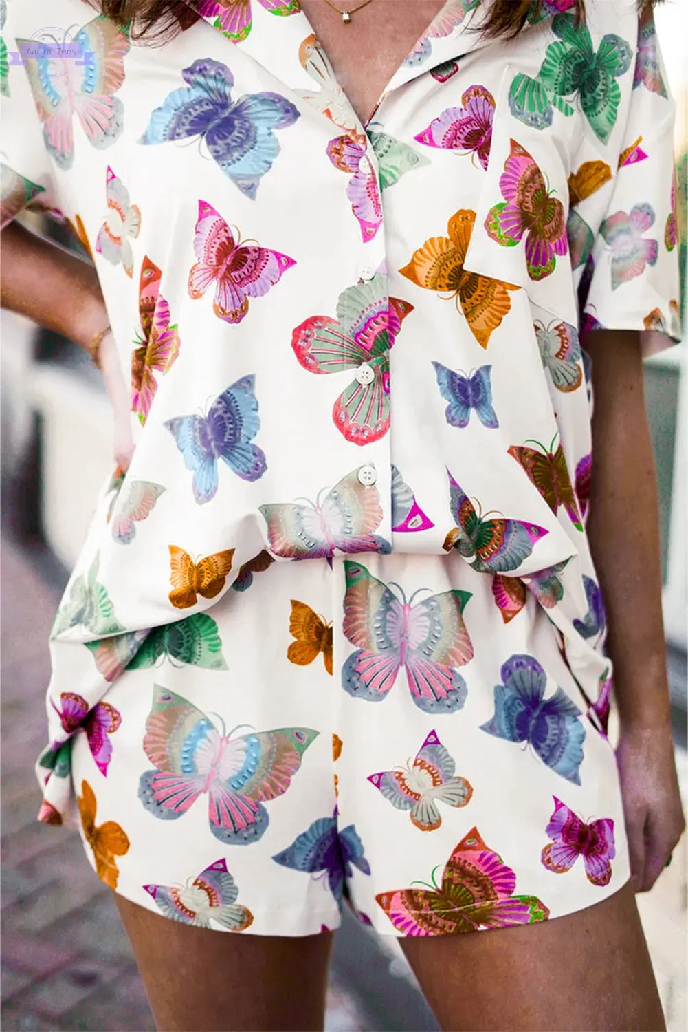 Multicolour Butterfly Pattern Short Sleeve Shirt Pajamas Set Aaria Tees