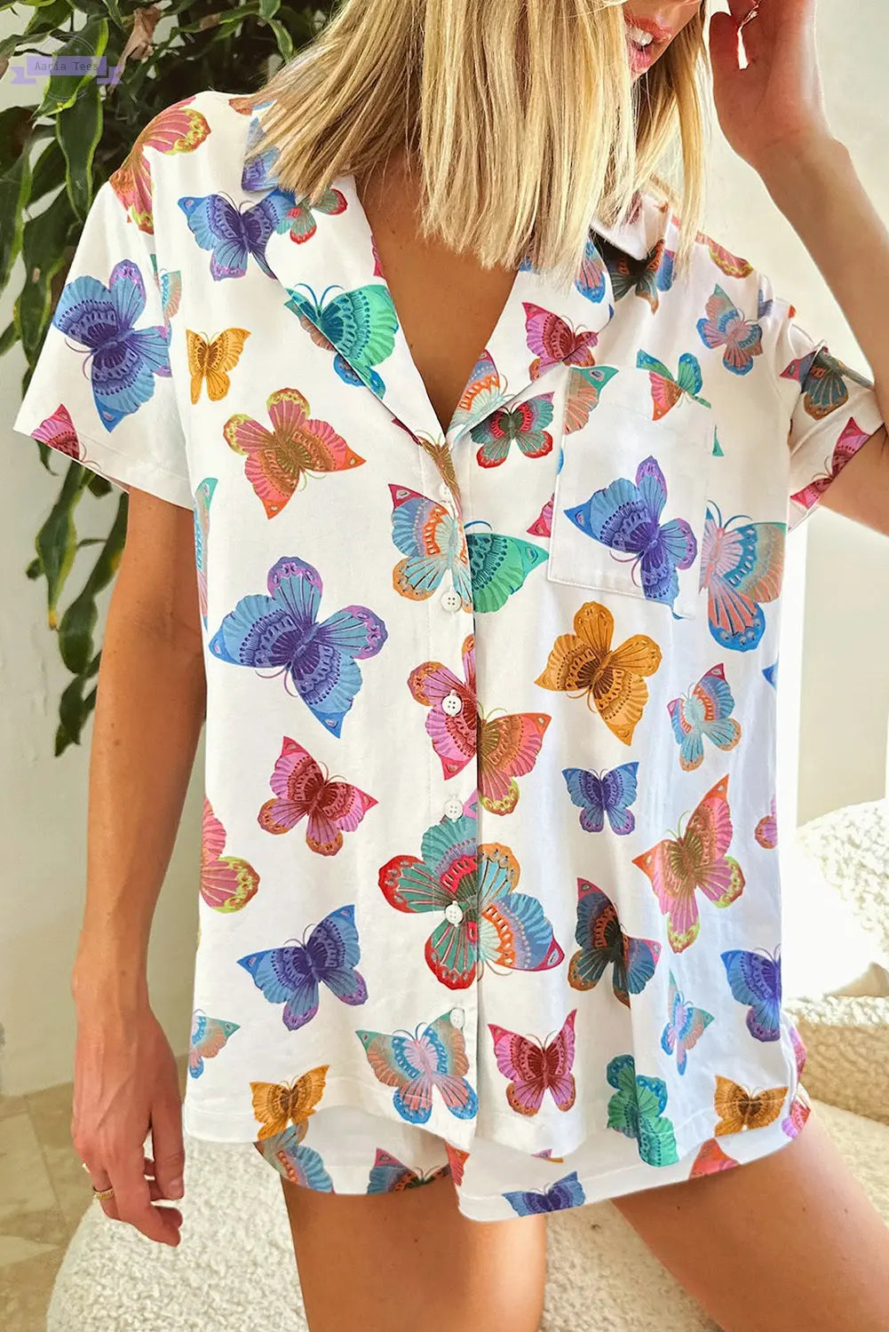 Multicolour Butterfly Pattern Short Sleeve Shirt Pajamas Set Aaria Tees Aaria Tees