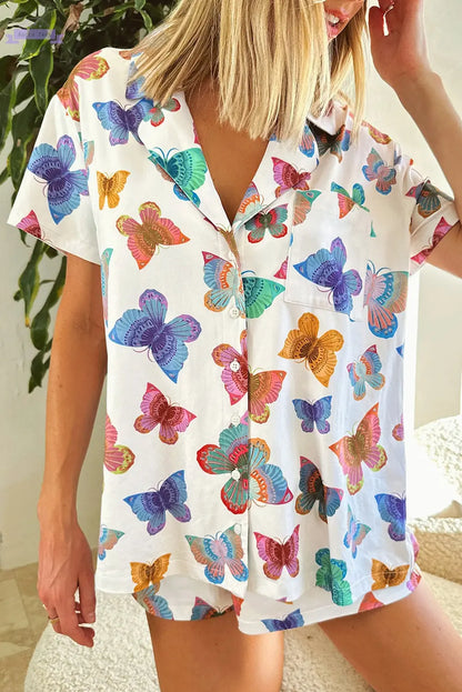 Multicolour Butterfly Pattern Short Sleeve Shirt Pajamas Set Aaria Tees