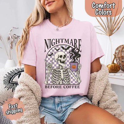 Nightmare Before Coffee Comfort Colors Shirt – Skeleton Funny Halloween Tee