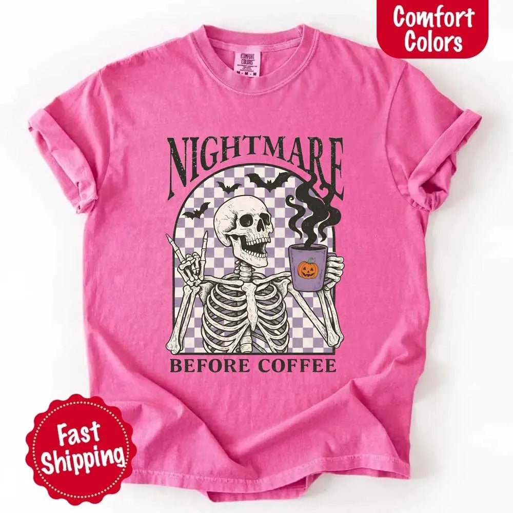 Nightmare Before Coffee Comfort Colors Shirt – Skeleton Funny Halloween Tee