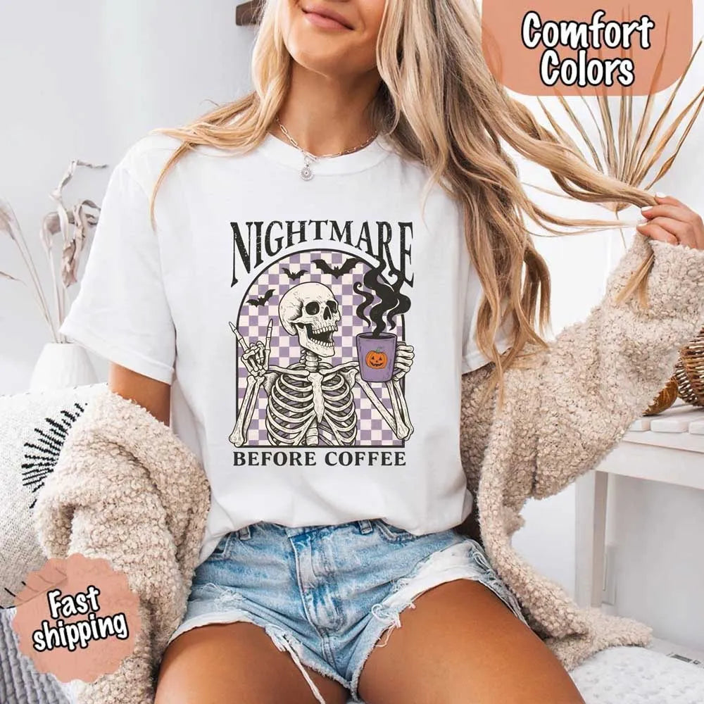 Nightmare Before Coffee Comfort Colors Shirt – Skeleton Funny Halloween Tee