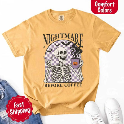 Nightmare Before Coffee Comfort Colors Shirt – Skeleton Funny Halloween Tee