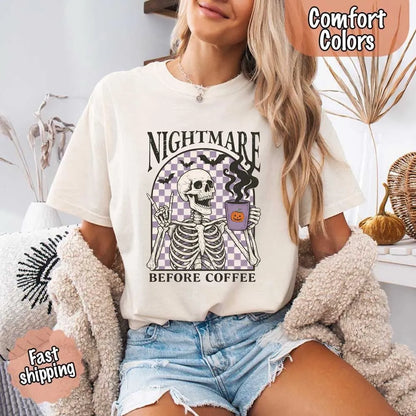 Nightmare Before Coffee Comfort Colors Shirt – Skeleton Funny Halloween Tee