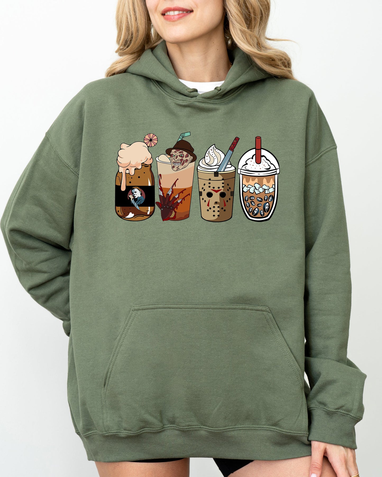 Halloween Coffee, Vintage, Skeleton, Ghost, Witch, Skull, Spooky, Aesthetic, Meme, Halloween, Costume, Hoodie, Hooded Sweatshirt