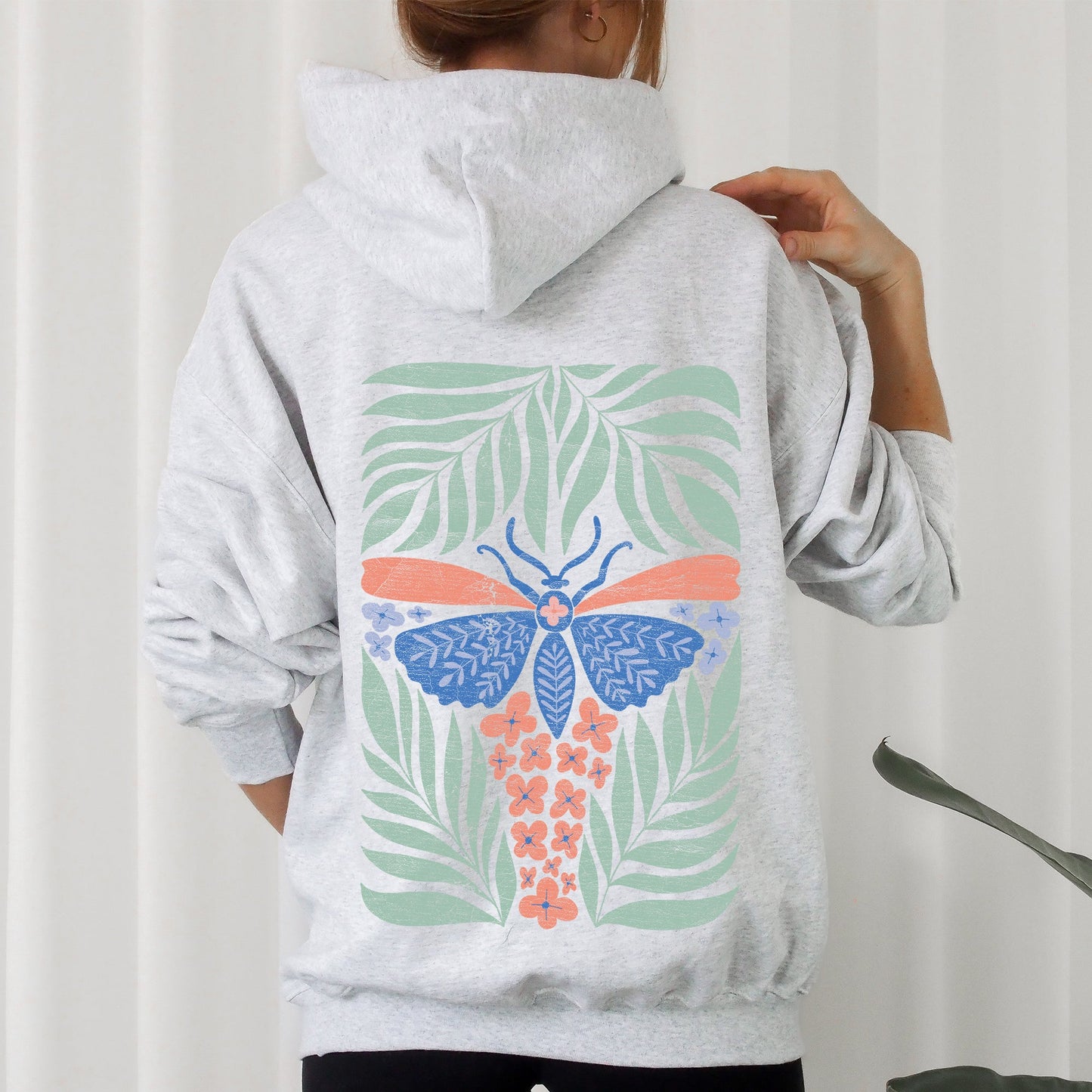 Tropical Butterfly and Palm Design, Boho Print Hoodie