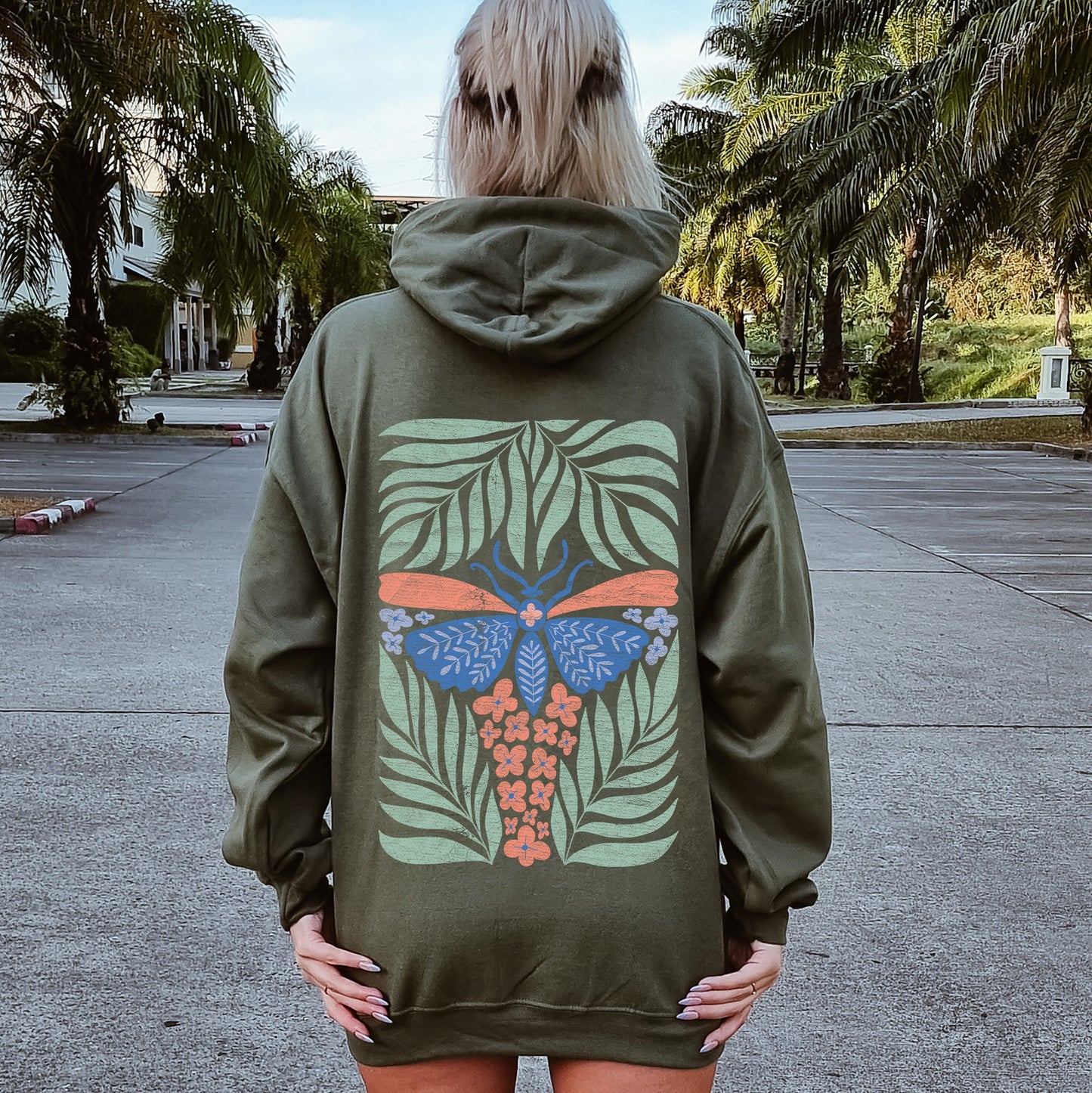 Tropical Butterfly and Palm Design, Boho Print Hoodie