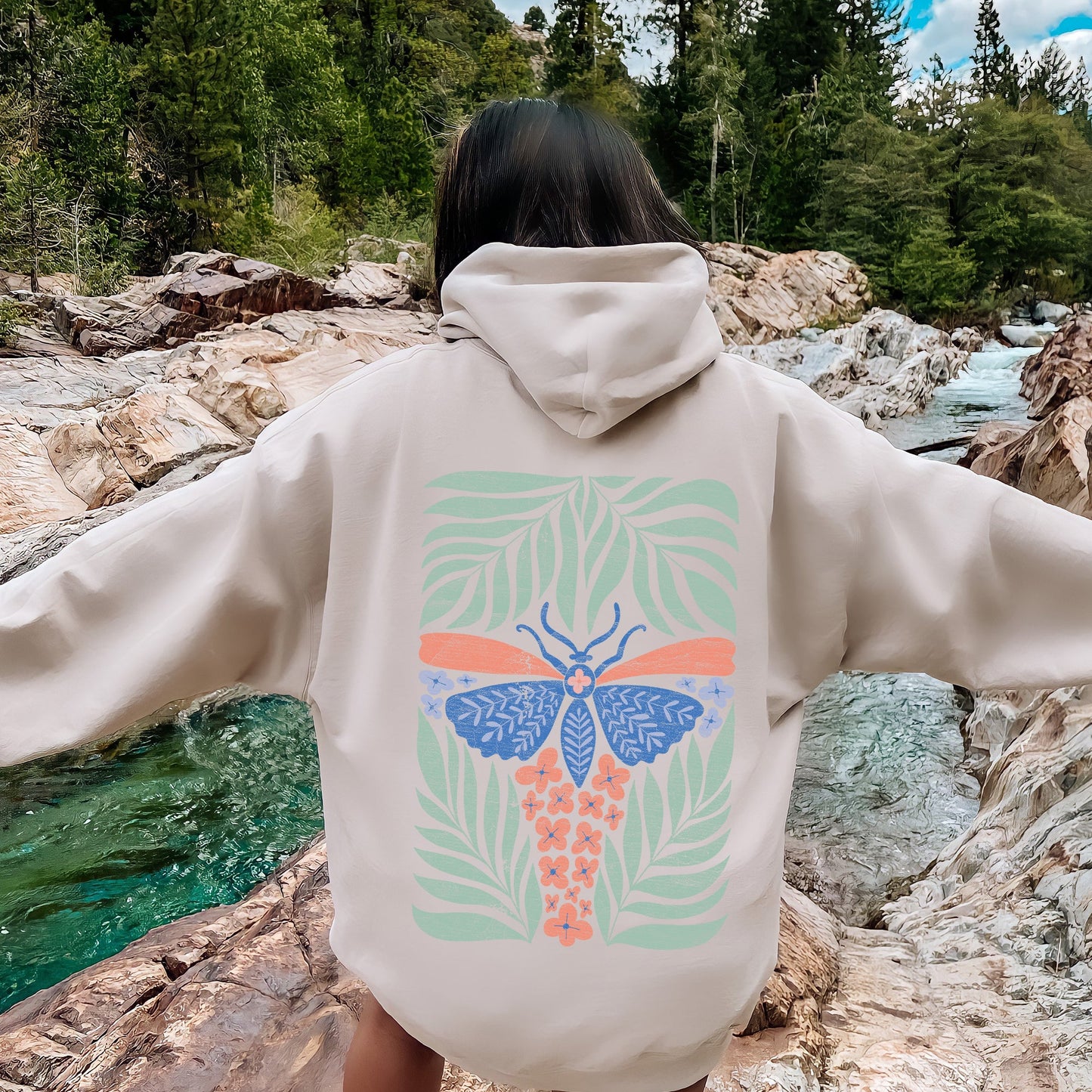 Tropical Butterfly and Palm Design, Boho Print Hoodie