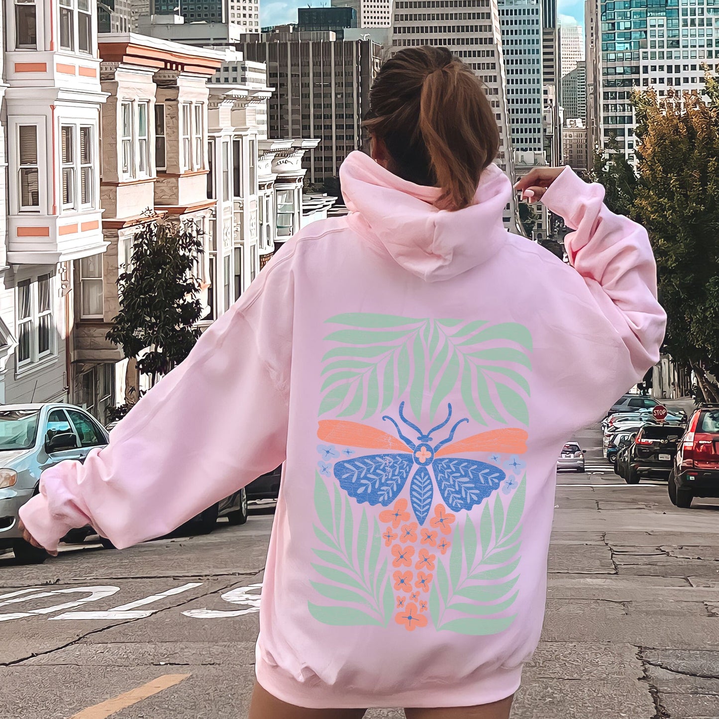 Tropical Butterfly and Palm Design, Boho Print Hoodie