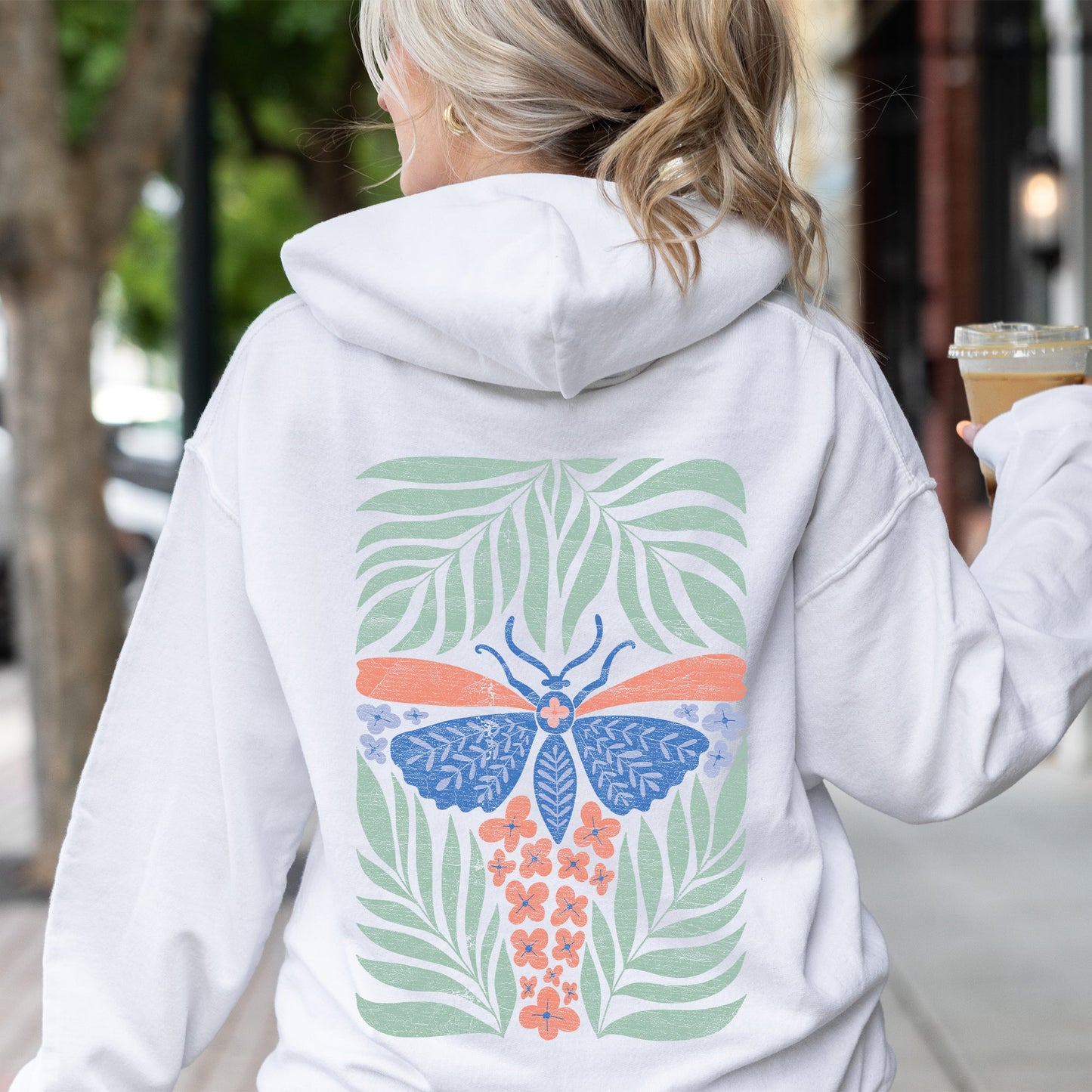 Tropical Butterfly and Palm Design, Boho Print Hoodie