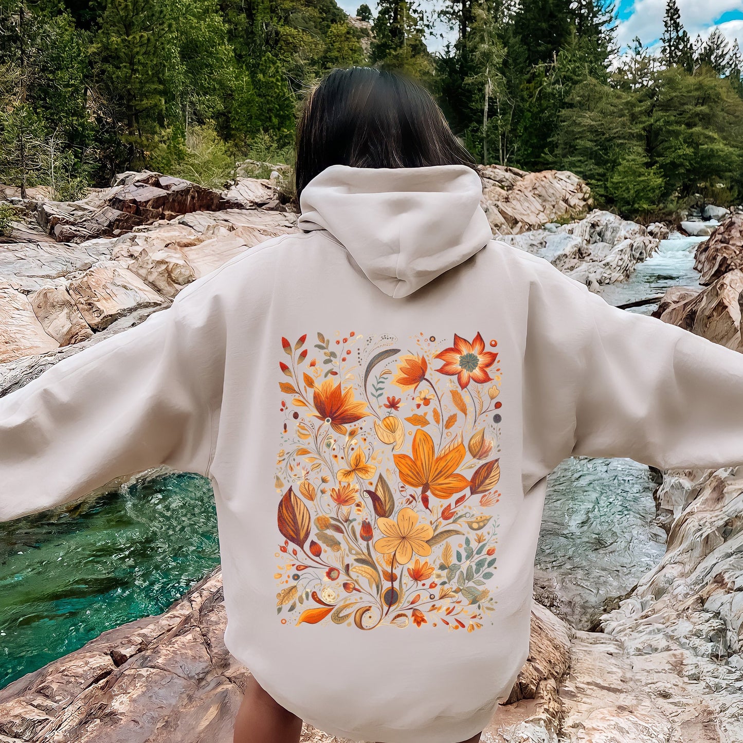 Boho Floral Pattern, Natural Colors, Flower, Botanical Hoodie
