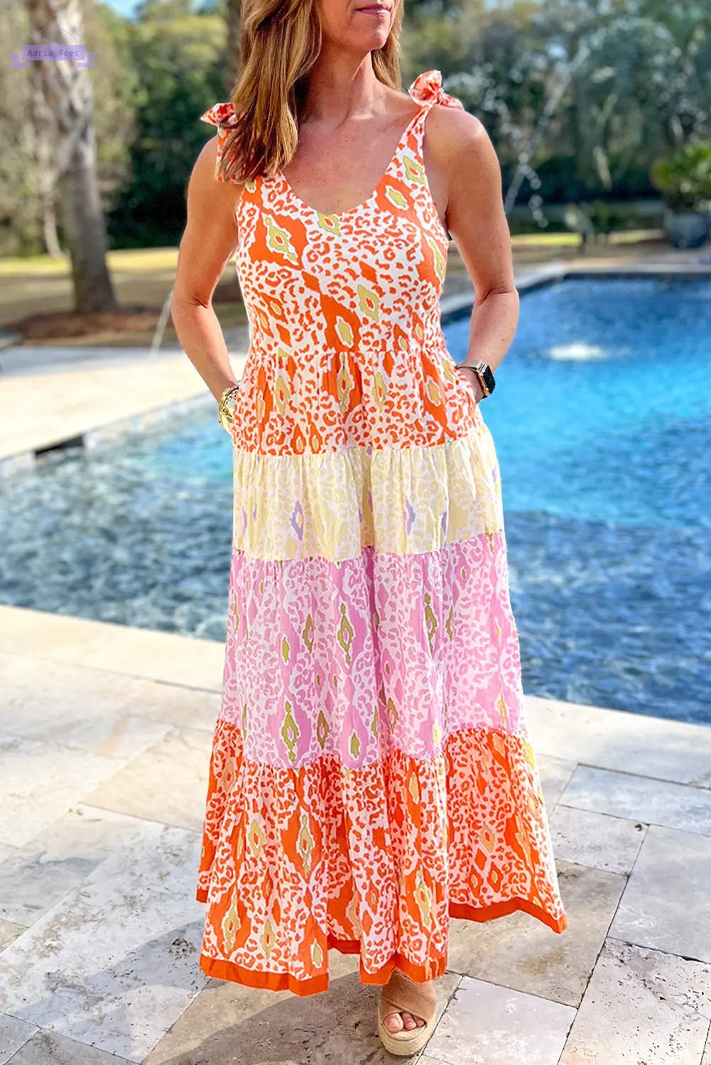 Orange Knotted Straps Leopard Colorblock Dress Aaria Tees