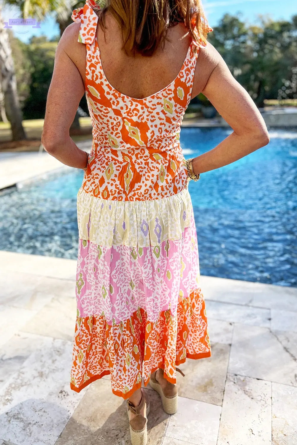 Orange Knotted Straps Leopard Colorblock Dress Aaria Tees