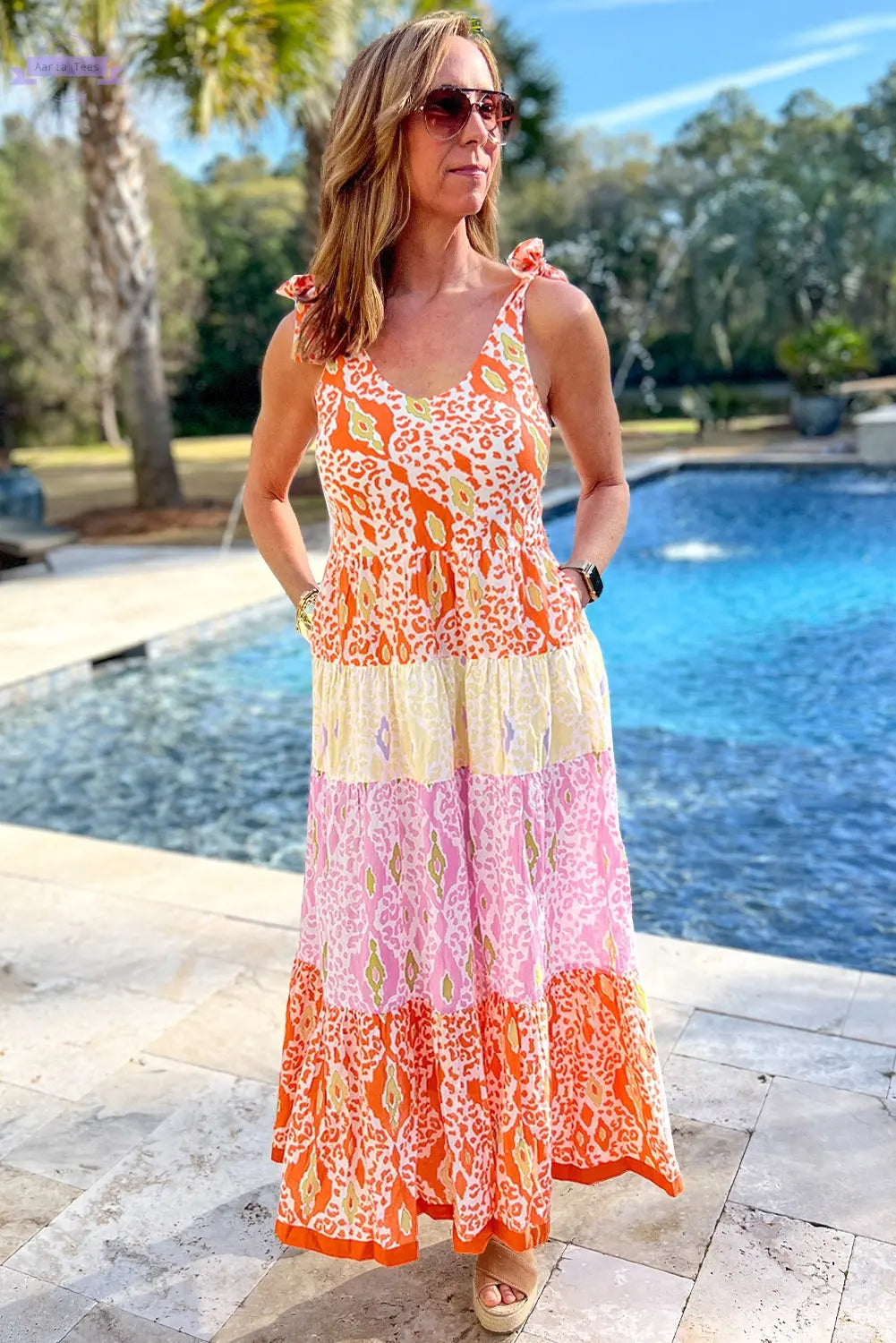 Orange Knotted Straps Leopard Colorblock Dress Aaria Tees
