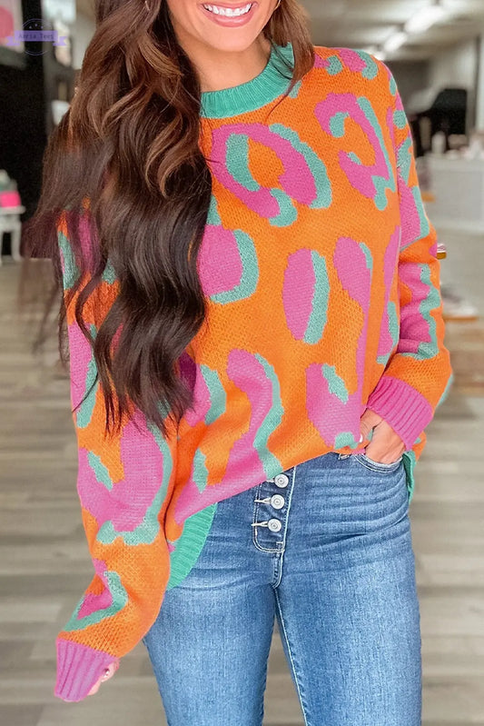 Orange Leopard Colorblock Ribbed Edge Sweater Aaria Tees