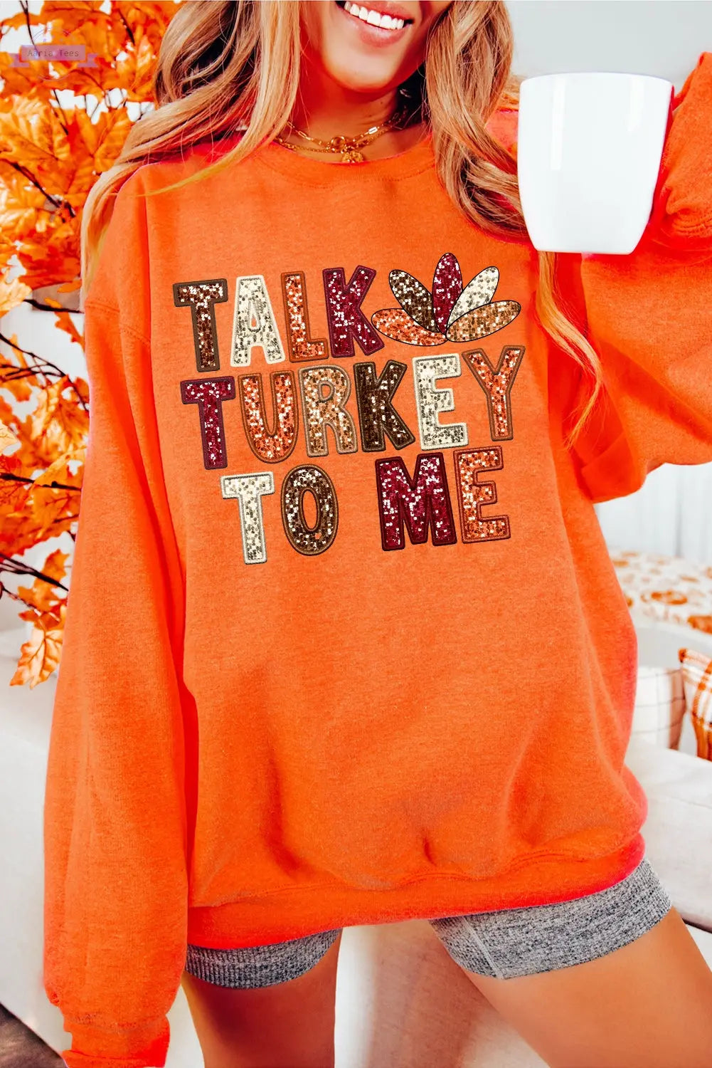 Orange TALK TURKEY TO ME Graphic Thanksgiving Holiday Sweatshirt - Aaria Tees Aaria Tees