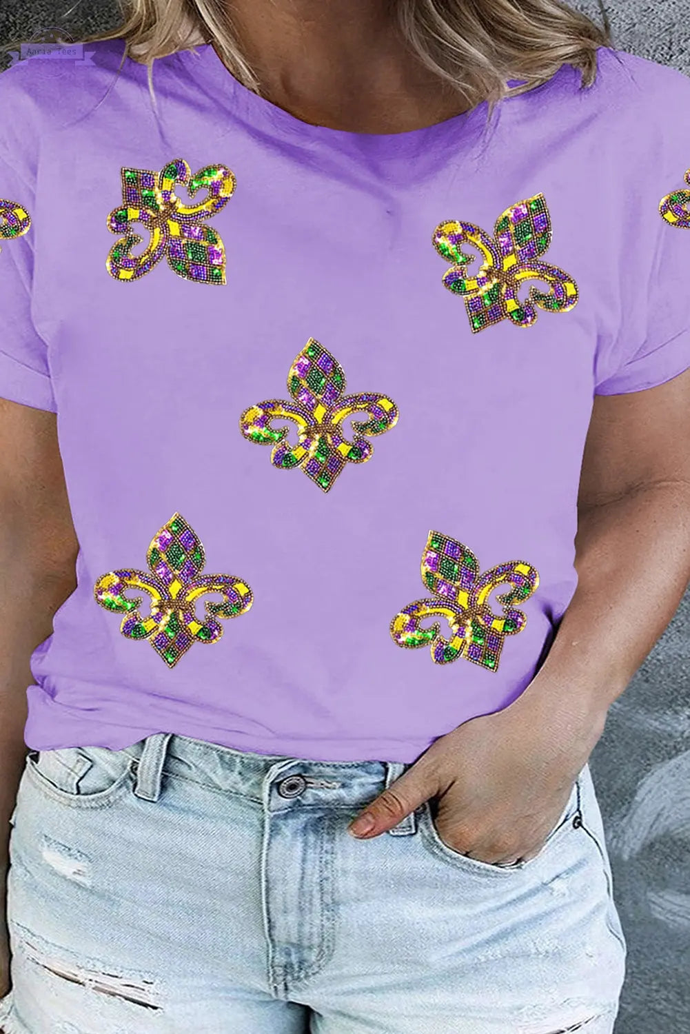 Orchid Petal Mardi Gras Fleur de Lis Patched Graphic Crewneck Plus Size Tee Aaria Tees