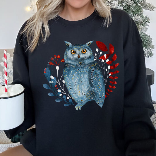 Owl, Folk Art, Scandinavian, Winter, Christmas Sweatshirt