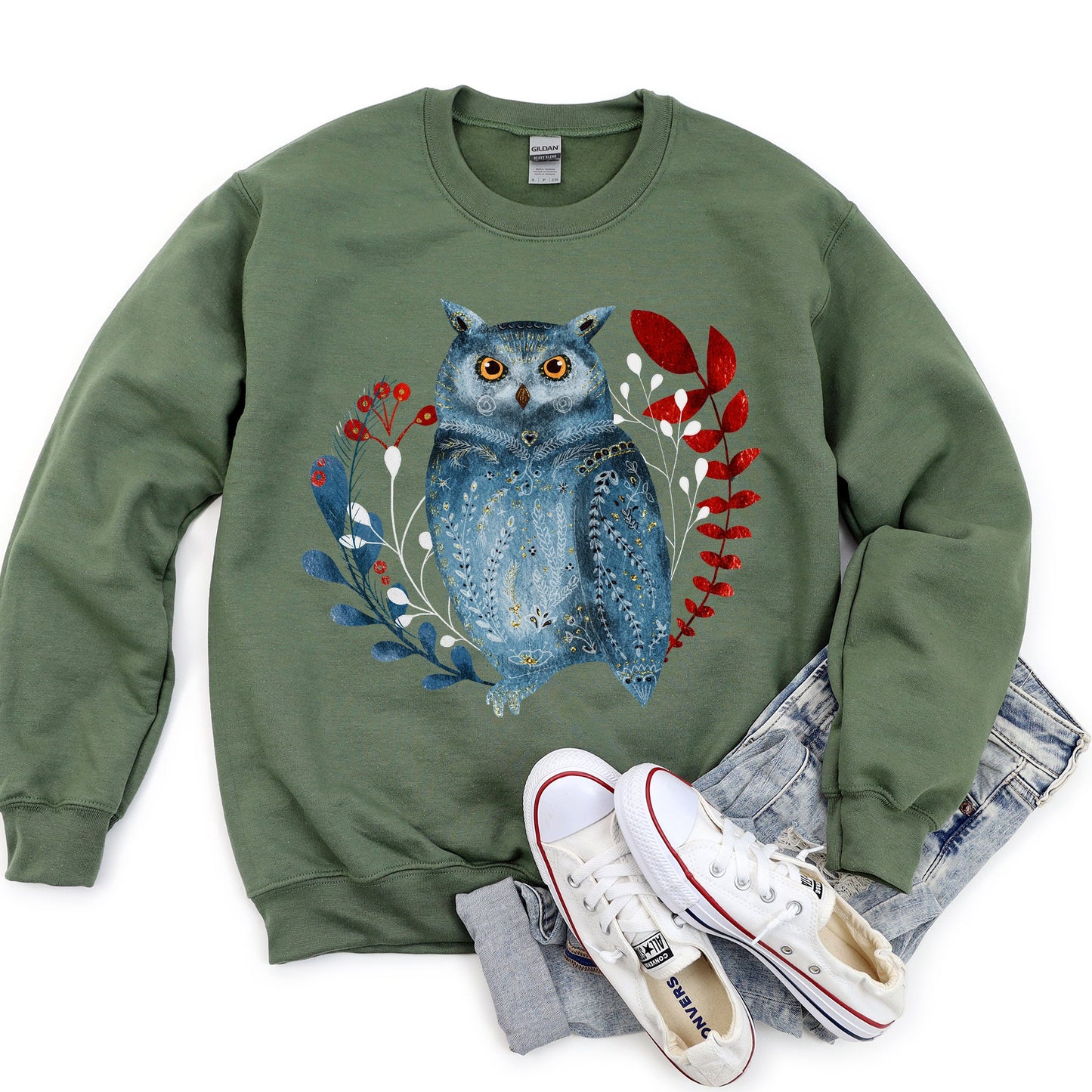 Owl, Folk Art, Scandinavian, Winter, Christmas Sweatshirt