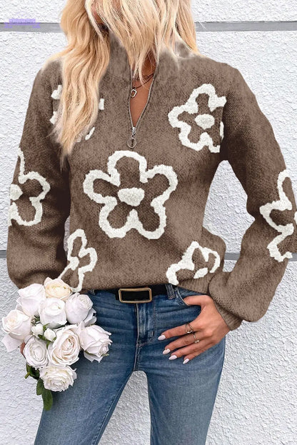 Parchment Contrast Flower Half Zipper Stand Neck Sweater - Aaria Tees