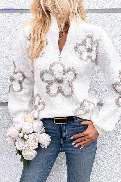 Parchment Contrast Flower Half Zipper Stand Neck Sweater - Aaria Tees