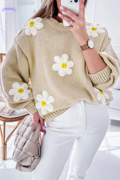 Parchment Floral Crochet Chunky Knit Sweater - Aaria Tees