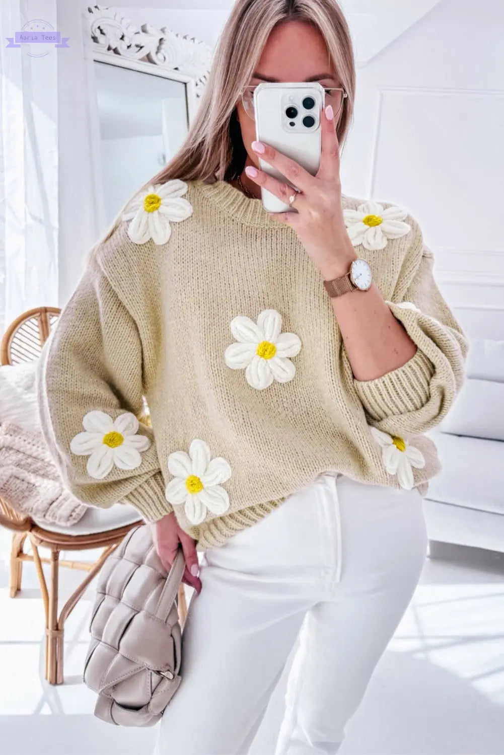 Parchment Floral Crochet Chunky Knit Sweater - Aaria Tees