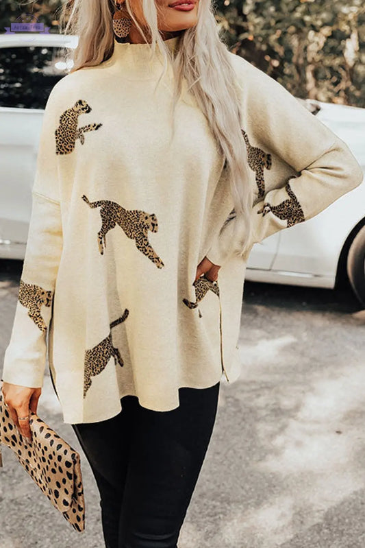 Parchment Lively Cheetah Print High Neck Split Hem Sweater Aaria Tees