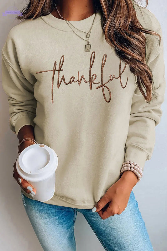 Parchment thankful Embroidered Drop Shoulder Pullover Sweatshirt - Aaria Tees