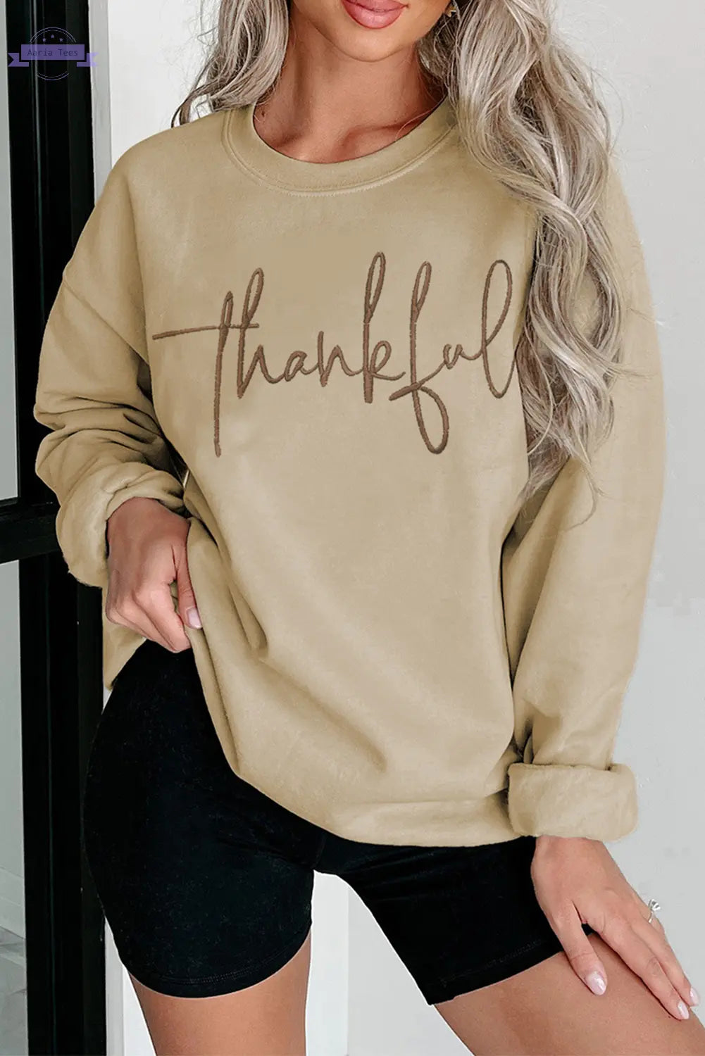 Parchment thankful Embroidered Drop Shoulder Pullover Sweatshirt - Aaria Tees