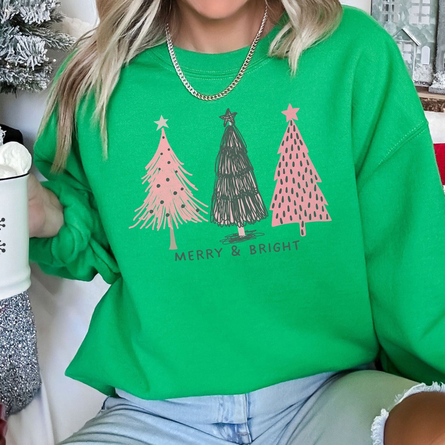 Pastel Christmas Trees, Merry and Bright Sweatshirt