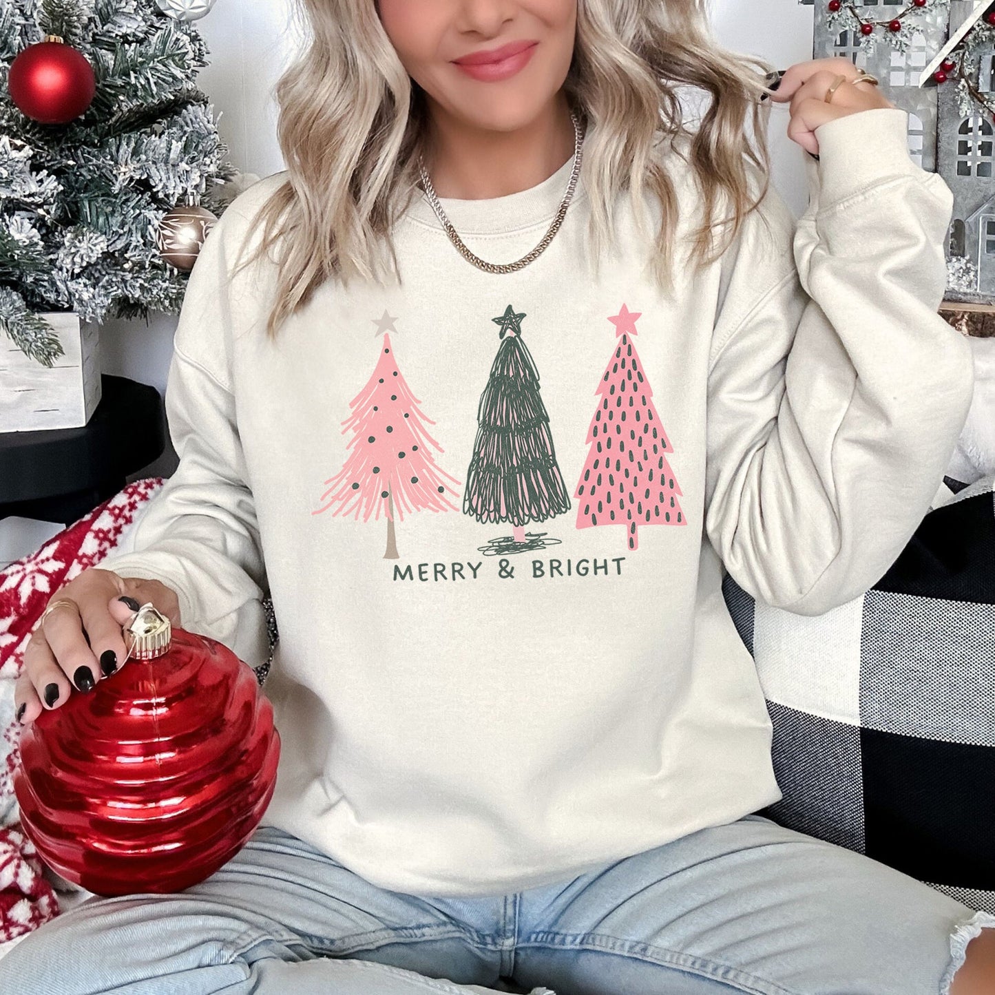 Pastel Christmas Trees, Merry and Bright Sweatshirt