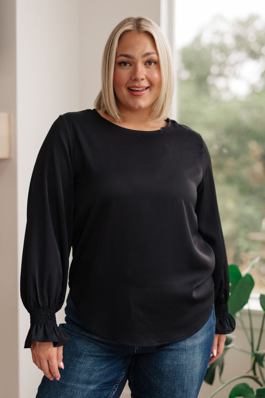Peaceful Moments Smocked Sleeve Blouse in Black (Online Exclusive)